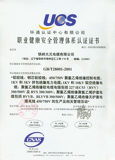 职业健康安全管理体系认证证书